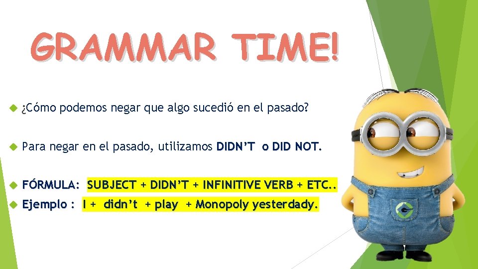 GRAMMAR TIME! ¿Cómo podemos negar que algo sucedió en el pasado? Para negar en GRAMMAR TIME! ¿Cómo podemos negar que algo sucedió en el pasado? Para negar en