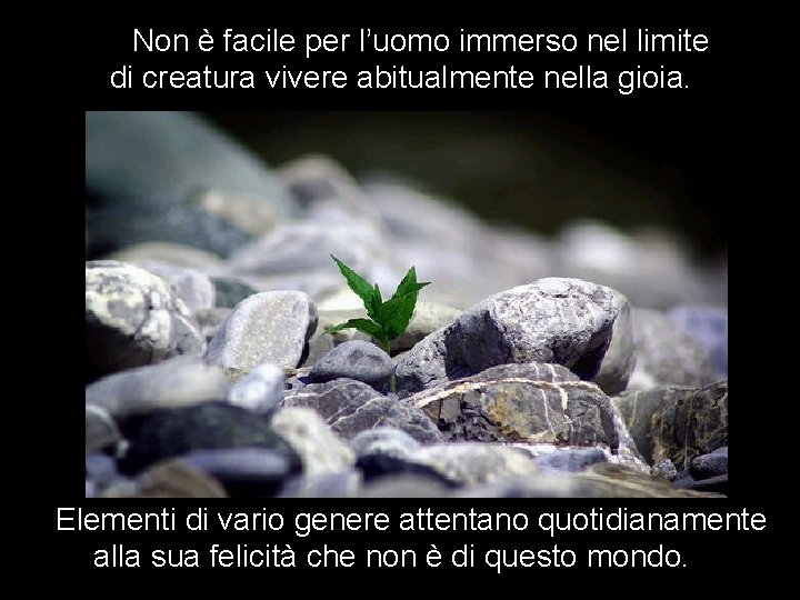 Non è facile per l’uomo immerso nel limite di creatura vivere abitualmente nella gioia. Non è facile per l’uomo immerso nel limite di creatura vivere abitualmente nella gioia.