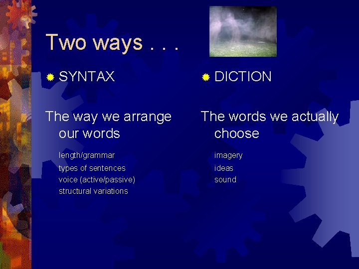 Two ways. . . ® SYNTAX ® DICTION The way we arrange our words Two ways. . . ® SYNTAX ® DICTION The way we arrange our words