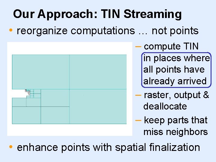 Our Approach: TIN Streaming • reorganize computations … not points – compute TIN in