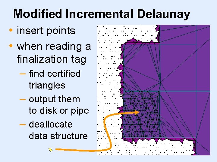 Modified Incremental Delaunay • insert points • when reading a finalization tag – find