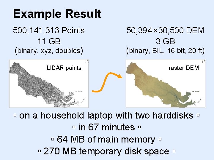 Example Result 500, 141, 313 Points 11 GB (binary, xyz, doubles) LIDAR points 50,