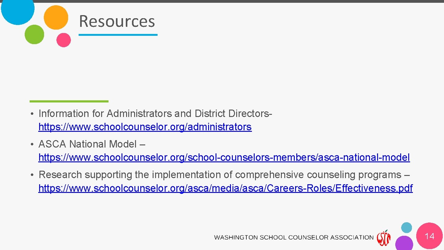 Resources • Information for Administrators and District Directorshttps: //www. schoolcounselor. org/administrators • ASCA National