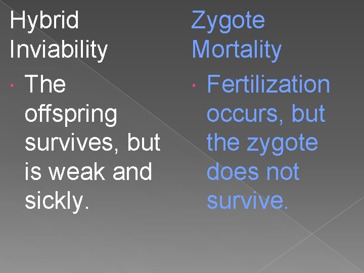 Hybrid Inviability The offspring survives, but is weak and sickly. Zygote Mortality Fertilization occurs,