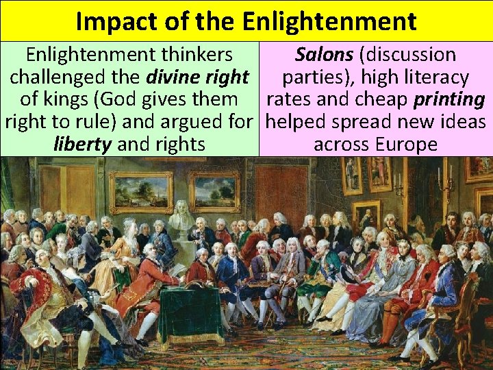 Impact of the Enlightenment thinkers Salons (discussion challenged the divine right parties), high literacy