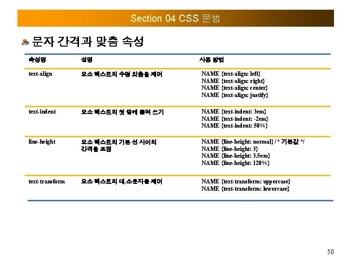 Section 04 CSS 문법 문자 간격과 맞춤 속성 속성명 설명 사용 방법 text-align 요소