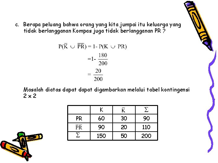 c. Berapa peluang bahwa orang yang kita jumpai itu keluarga yang tidak berlangganan Kompas