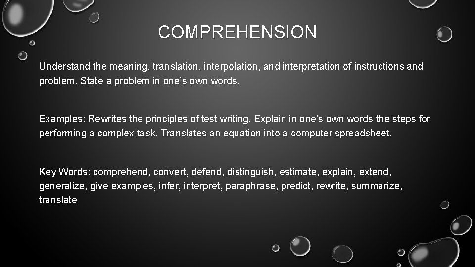 COMPREHENSION Understand the meaning, translation, interpolation, and interpretation of instructions and problem. State a