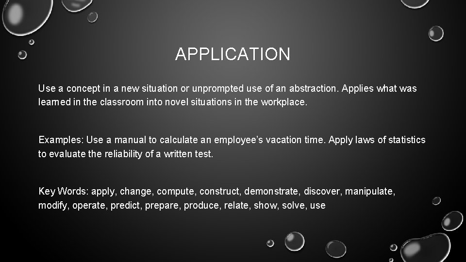 APPLICATION Use a concept in a new situation or unprompted use of an abstraction.
