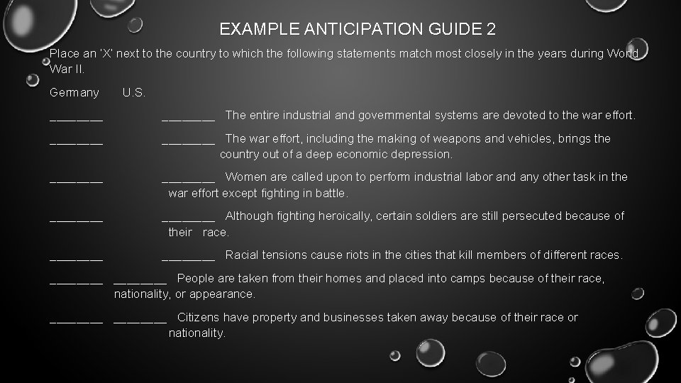 EXAMPLE ANTICIPATION GUIDE 2 Place an ‘X’ next to the country to which the