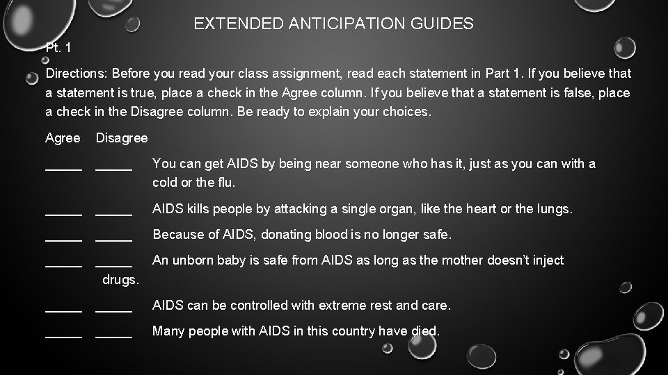 EXTENDED ANTICIPATION GUIDES Pt. 1 Directions: Before you read your class assignment, read each