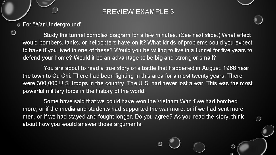 PREVIEW EXAMPLE 3 For ‘War Underground’ Study the tunnel complex diagram for a few
