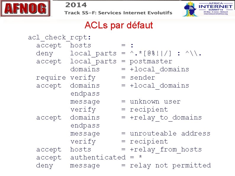 ACLs par défaut acl_check_rcpt: accept hosts = deny local_parts = accept local_parts = domains ACLs par défaut acl_check_rcpt: accept hosts = deny local_parts = accept local_parts = domains