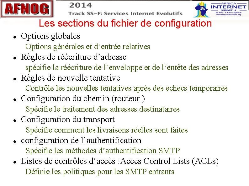 Les sections du fichier de configuration Options globales Options générales et d’entrée relatives Règles Les sections du fichier de configuration Options globales Options générales et d’entrée relatives Règles