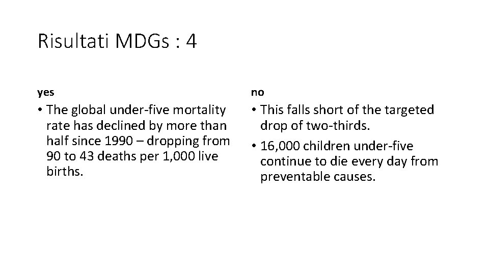 Risultati MDGs : 4 yes no • The global under-five mortality rate has declined