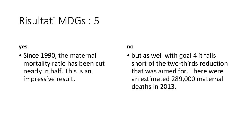 Risultati MDGs : 5 yes no • Since 1990, the maternal mortality ratio has