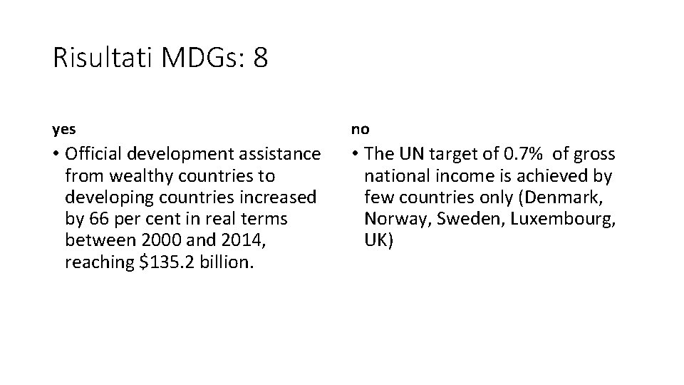 Risultati MDGs: 8 yes no • Official development assistance from wealthy countries to developing