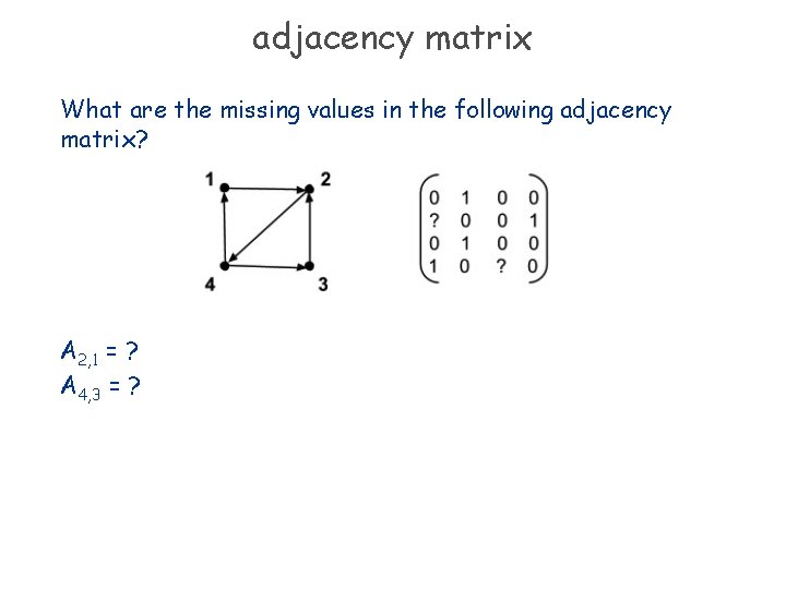 adjacency matrix What are the missing values in the following adjacency matrix? A 2,