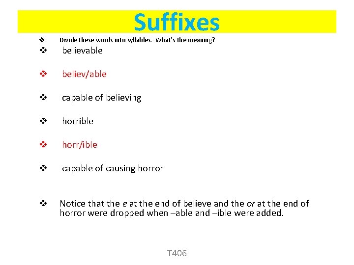 v Suffixes Divide these words into syllables. What’s the meaning? v believable v believ/able