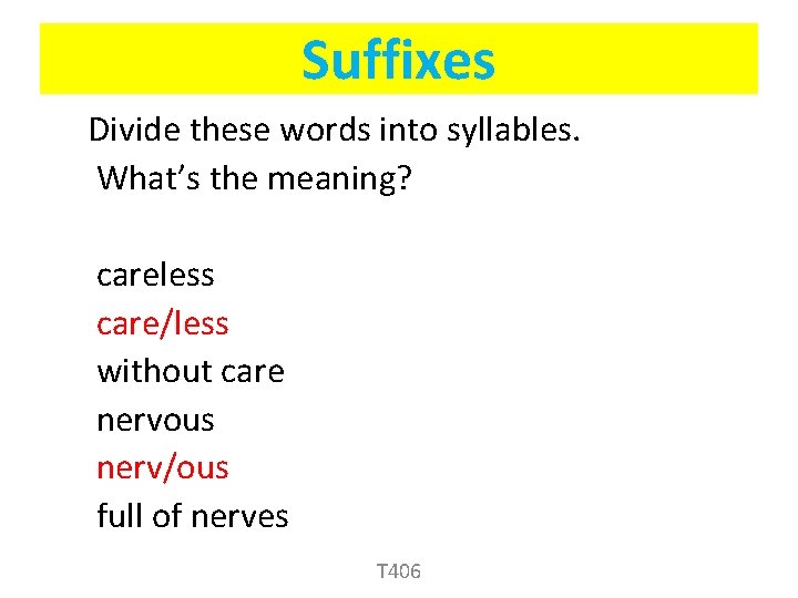Suffixes Divide these words into syllables. What’s the meaning? careless care/less without care nervous