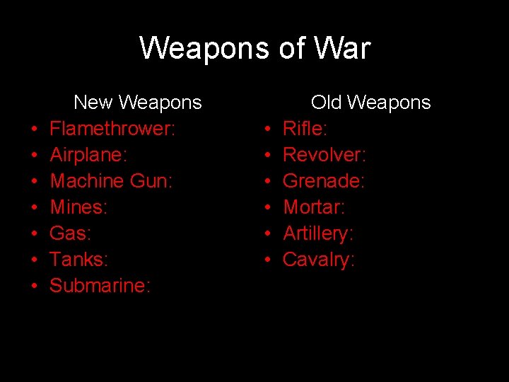 Weapons of War • • New Weapons Flamethrower: Airplane: Machine Gun: Mines: Gas: Tanks: