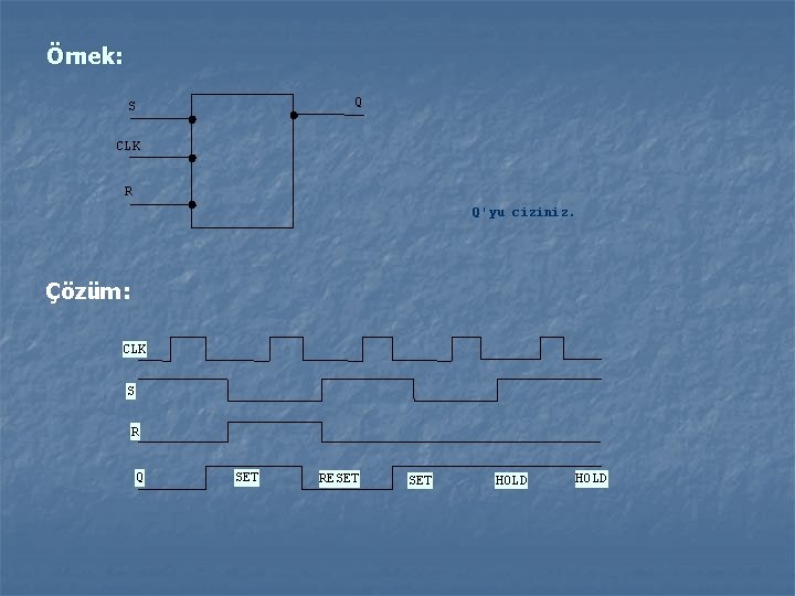 Örnek: Q S CLK R Q'yu ciziniz. Çözüm: CLK S R Q SET RESET