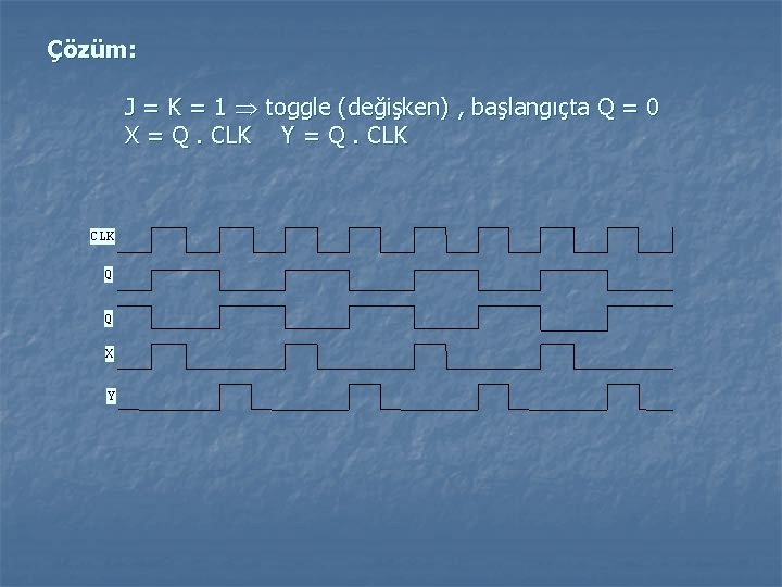 Çözüm: J = K = 1 toggle (değişken) , başlangıçta Q = 0 X