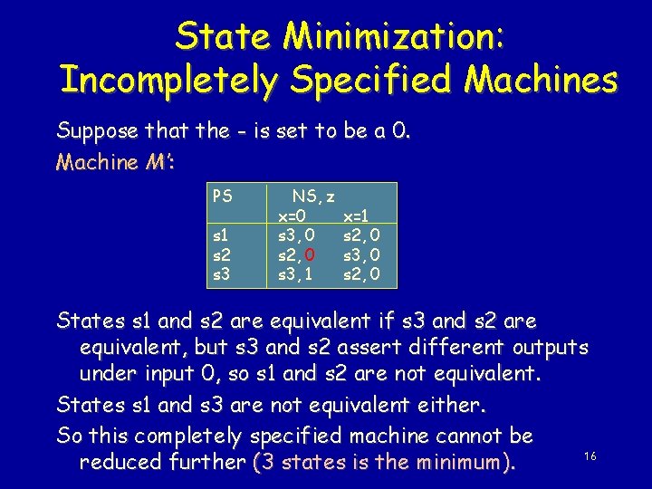 State Minimization: Incompletely Specified Machines Suppose that the - is set to be a