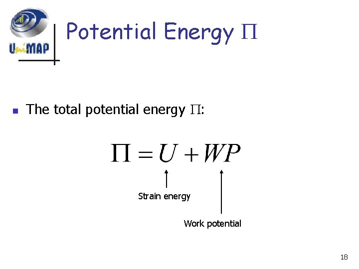 Potential Energy n The total potential energy : Strain energy Work potential 18 