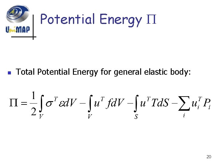 Potential Energy n Total Potential Energy for general elastic body: 20 