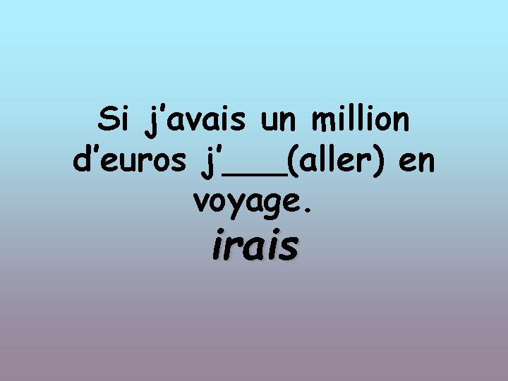 Si j’avais un million d’euros j’___(aller) en voyage. irais 