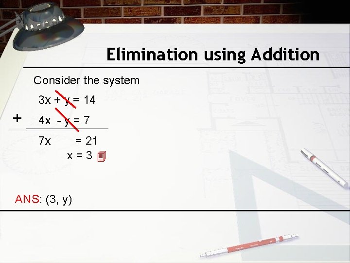 Elimination using Addition Consider the system 3 x + y = 14 + 4