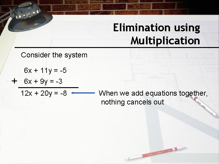 Elimination using Multiplication Consider the system + 6 x + 11 y = -5