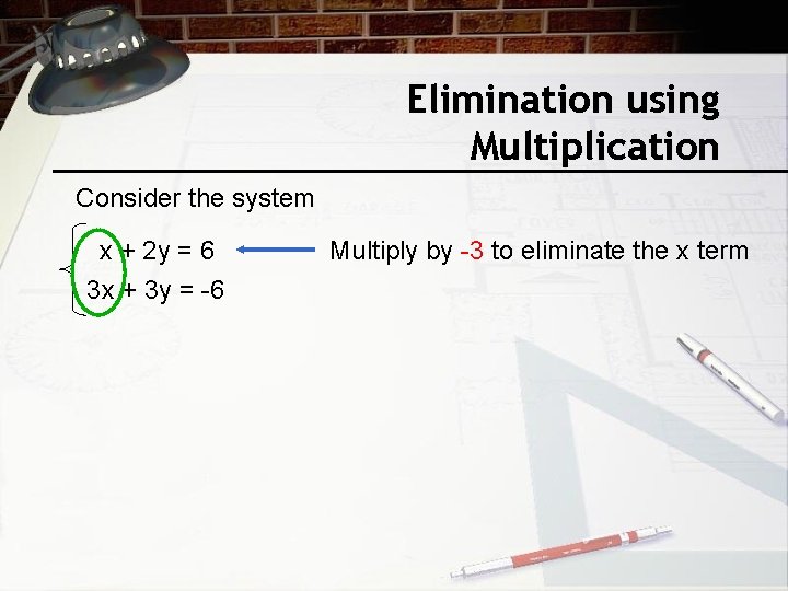 Elimination using Multiplication Consider the system x + 2 y = 6 3 x