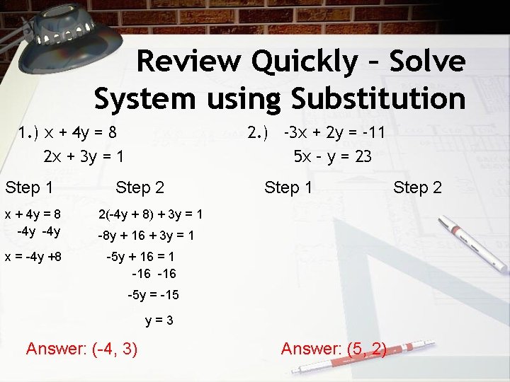 Review Quickly – Solve System using Substitution 1. ) x + 4 y =