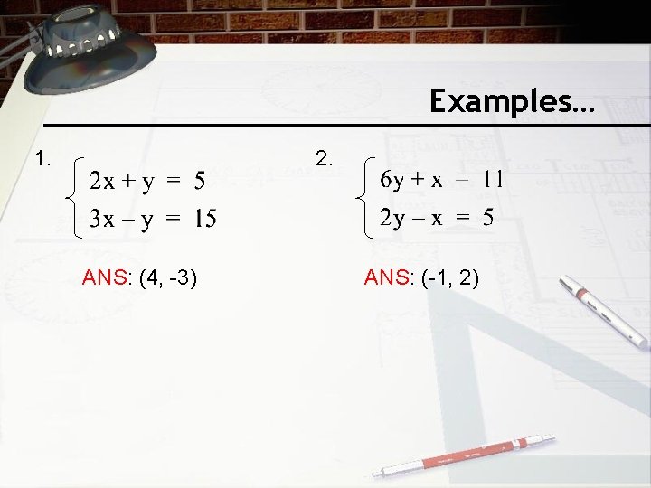 Examples… 1. 2. ANS: (4, -3) ANS: (-1, 2) 