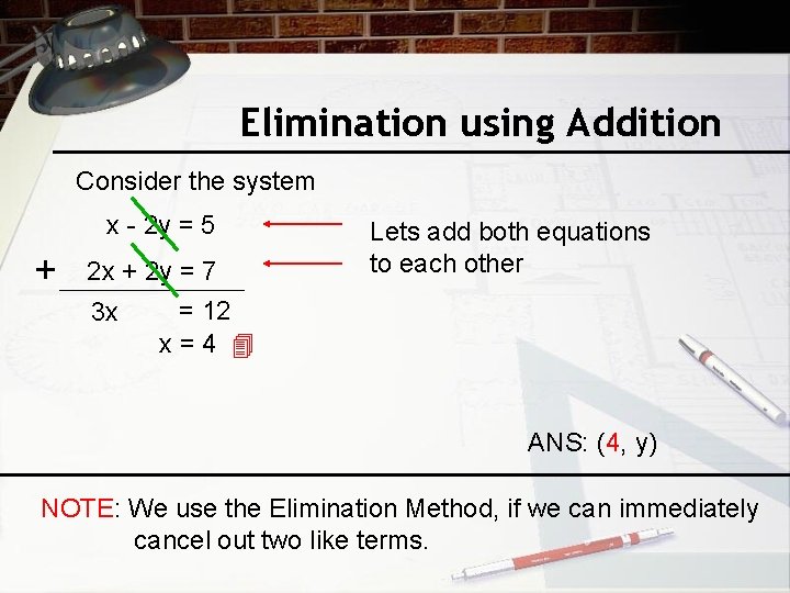 Elimination using Addition Consider the system x - 2 y = 5 + 2