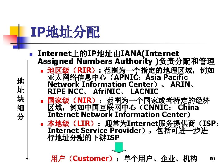 IP地址分配 n Internet上的IP地址由IANA(Internet Assigned Numbers Authority )负责分配和管理 n 地 址 块 细 分 n