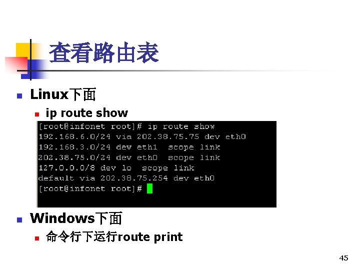 查看路由表 n Linux下面 n n ip route show Windows下面 n 命令行下运行route print 45 