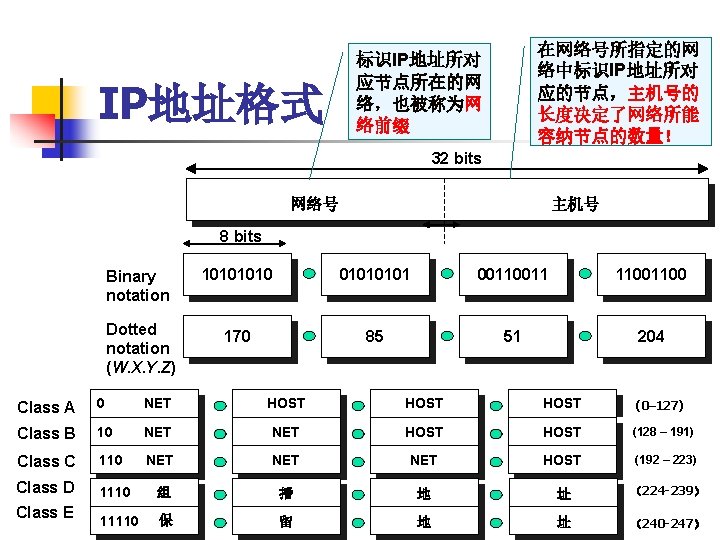 IP地址格式 在网络号所指定的网 络中标识IP地址所对 应的节点，主机号的 长度决定了网络所能 容纳节点的数量！ 标识IP地址所对 应节点所在的网 络，也被称为网 络前缀 32 bits 网络号 主机号