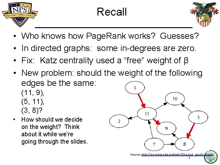 Recall • • Who knows how Page. Rank works? Guesses? In directed graphs: some