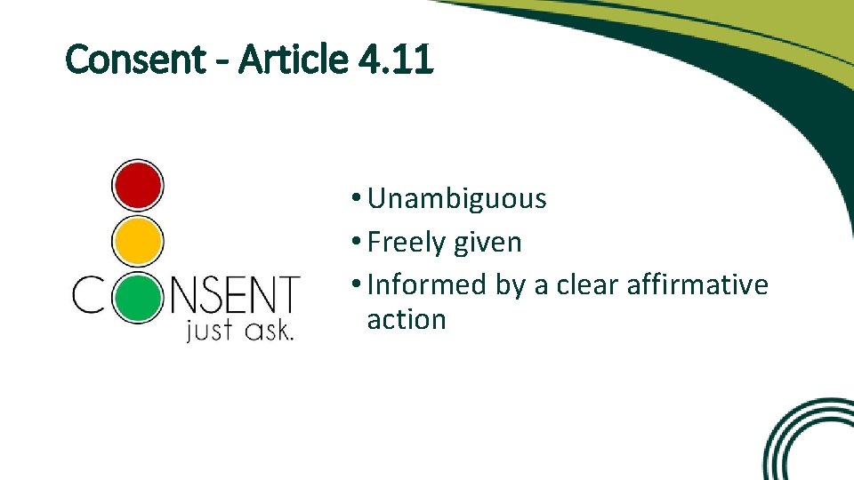 Consent - Article 4. 11 • Unambiguous • Freely given • Informed by a