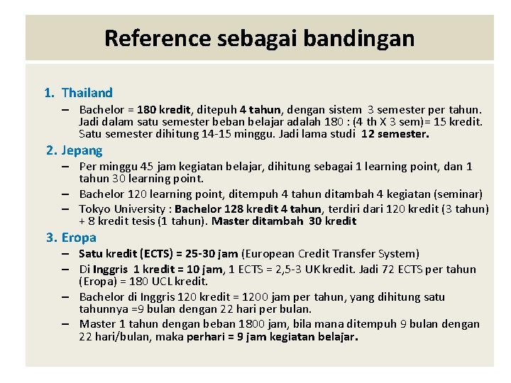 Reference sebagai bandingan 1. Thailand – Bachelor = 180 kredit, ditepuh 4 tahun, dengan