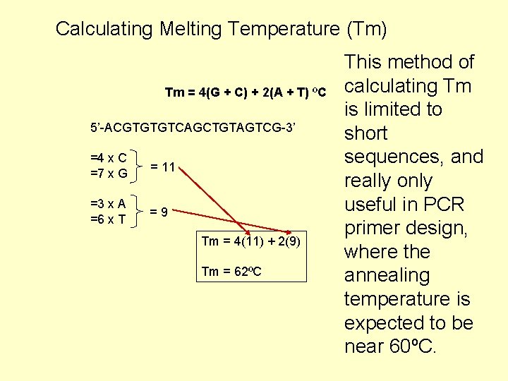 Calculating Melting Temperature (Tm) Tm = 4(G + C) + 2(A + T) ºC
