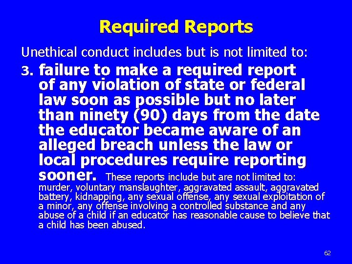 Required Reports Unethical conduct includes but is not limited to: 3. failure to make
