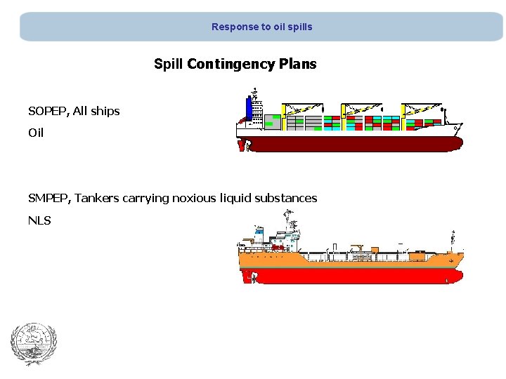 Response to oil spills Spill Contingency Plans SOPEP, All ships Oil SMPEP, Tankers carrying