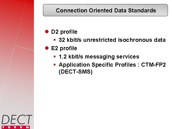 Connection Oriented Data Standards l D 2 profile § 32 kbit/s unrestricted isochronous data