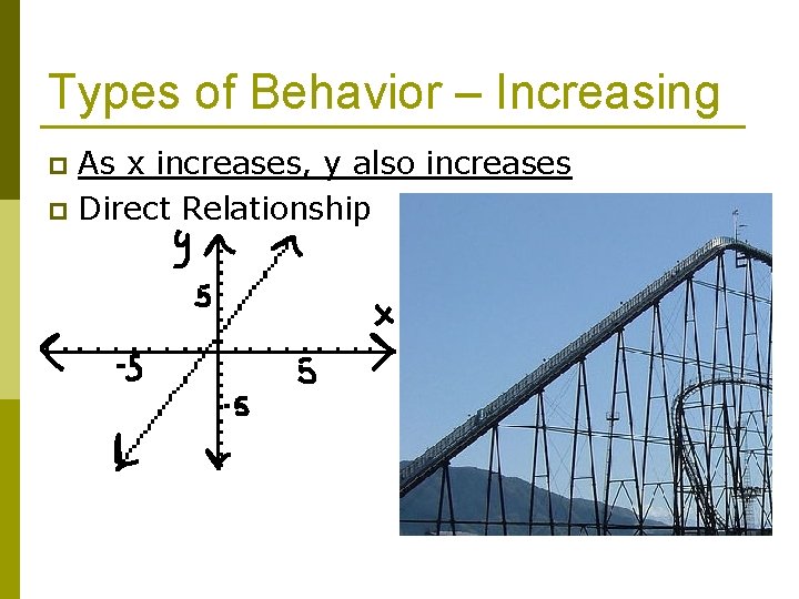 Types of Behavior – Increasing As x increases, y also increases p Direct Relationship