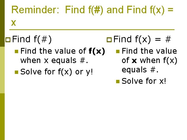 Reminder: Find f(#) and Find f(x) = x p Find f(#) n Find the