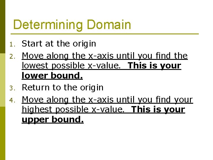 Determining Domain 1. 2. 3. 4. Start at the origin Move along the x-axis